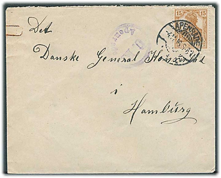 15 pfg. Germania på brev stemplet Apenrade **C d. 4.11.1916 til Hamburg. Violet censur: Ü.K. Apenrade.