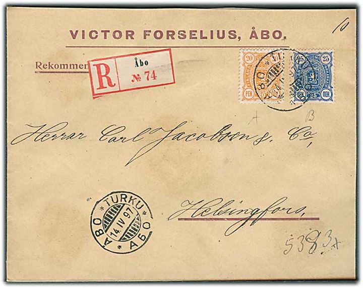 20 pen. og 25 pen. Våben på anbefalet brev fra Åbo d. 14.4.1897 til Helsingfors.