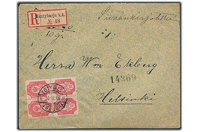 10 pen. Våben i fireblok på anbefalet brev stemplet Toivola d. 20.2.1906 til Helsingfors. Rec.-etiket fra Mäntyharju k.k.
