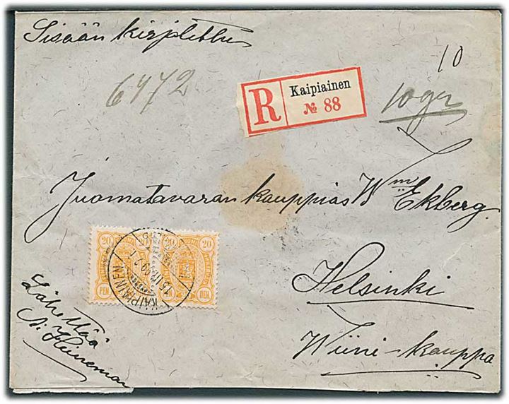 20 pen. Våben i parstykke på anbefalet brev fra Kaipiainen d. 15.3.1899 til Helsingfors.