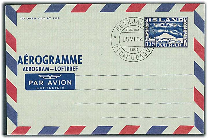 1,75 kr. helsags aerogram med FDC stempel Reykjavik d. 15.6.1954.