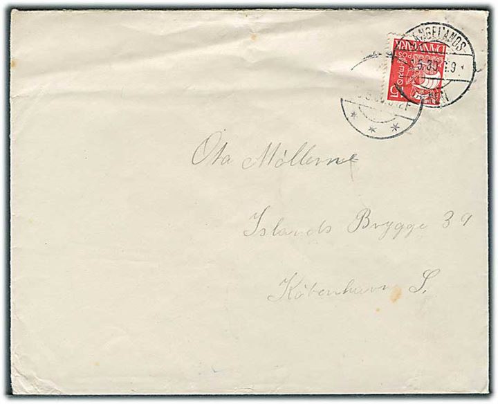 15 øre Karavel på brev annulleret med bureaustempel Langelands - Banen T.9 d. 8.5.1930 til København.