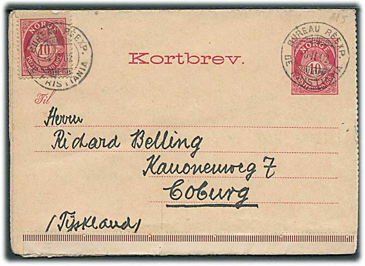10 øre Kortbrev opfrankeret med 10 øre Posthorn stemplet Bureau réexp. de Kristiania d. 6.2.1902 til Coburg, Tyskland.