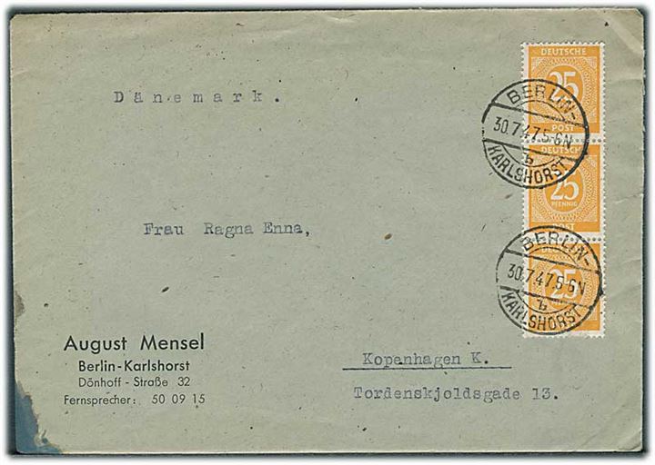 Berlin. 25 pfg. Ciffer i 3-stribe på brev fra Berlin d. 30.7.1947 til København, Danmark.