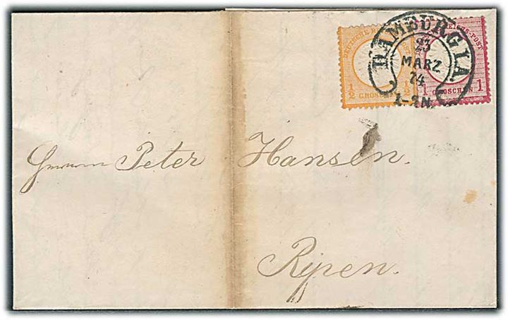 ½ gr. og 1 gr. Stort Brystskjold på 1½ gr. frankeret brev fra Hamburg d. 23.3.1874 til Ripe, Danmark. Særtakst fra hertugdømmerne til Danmark.