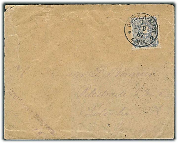 20 pfg. Adler på brev fra Dresden d. 29.9.1887 til København, Danmark.