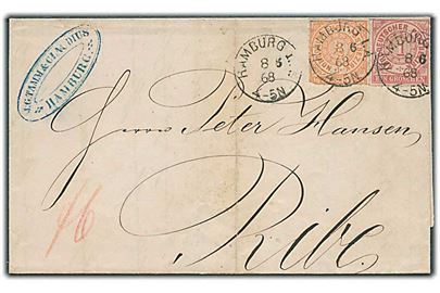 Norddeutscher Postbezirk. ½ gr. og 1 gr. stukken kant på brev fra Hamburg d. 8.5.1868 til Ribe, Danmark. Særtakst fra hertugdømmerne til Danmark.