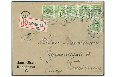 5 øre Chr. X 60 år og 7 øre Bølgelinie i 5-stribe på anbefalet brev fra København d. 23.10.1930 til Frederikstad, Norge.