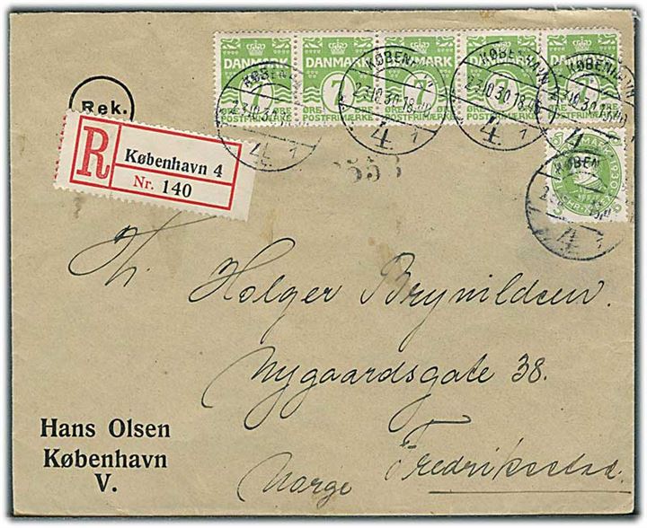 5 øre Chr. X 60 år og 7 øre Bølgelinie i 5-stribe på anbefalet brev fra København d. 23.10.1930 til Frederikstad, Norge.