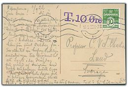 10 øre Bølgelinie på underfrankeret brevkort (Sporvogn no. 654 ved Børsen) stemplet København d. 11.9.1922 til Lund, Sverige. Violet portostempel: T. 10 Øre.