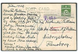10 øre Bølgelinie på underfrankeret brevkort fra København d. 23.12.1929 til Flensburg, Tyskland. Violet portostempel: T. 10 c.