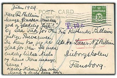 10 øre Bølgelinie på underfrankeret brevkort fra København d. 23.12.1929 til Flensburg, Tyskland. Violet portostempel: T. 10 c.