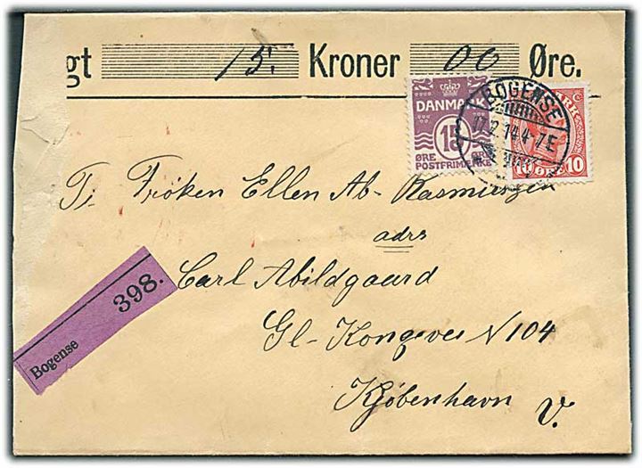 15 øre Bølgelinie og 10 øre Chr. X på værdibrev fra Bogense d. 17.2.1914 til København. Afkortet i venstre side.
