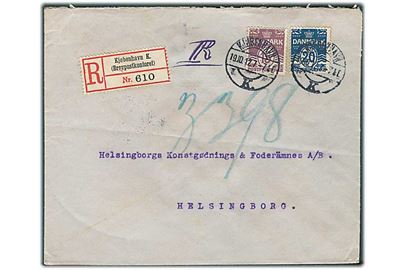 15 øre og 20 øre Bølgelinie på anbefalet brev fra Kjøbenhavn d. 19.10.1912 til Helsingborg, Sverige.