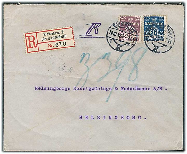 15 øre og 20 øre Bølgelinie på anbefalet brev fra Kjøbenhavn d. 19.10.1912 til Helsingborg, Sverige.