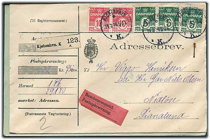 5 øre (3) og 10 øre (2) Bølgelinie på adressebrev for pakke med opkrævning fra Kjøbenhavn d. 14.3.1914 til Dianalund.