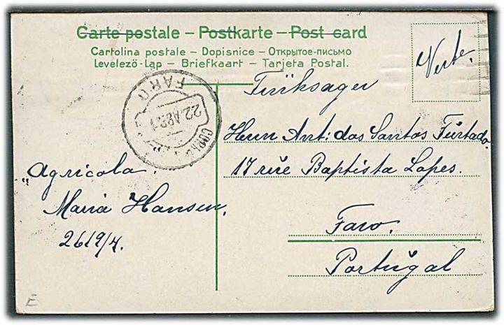 1 øre og 4 øre Bølgelinie på billedside af brevkort sendt som tryksag fra Kjøbenhavn d. 17.4.1912 til Faro, Portugal.