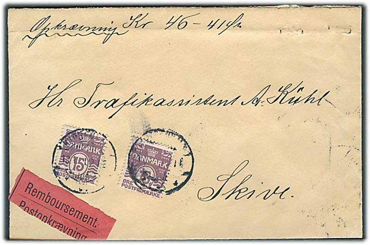 15 øre Bølgelinie (2) på brev med opkrævning fra Kjøbenhavn d. 13.1.1911 til Skive.