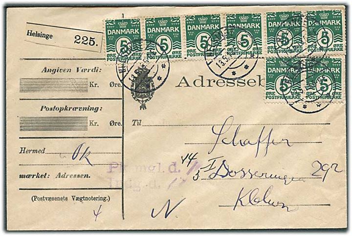5 øre Bølgelinie (8) på adressebrev for pakke fra Helsinge d. 13.5.1913 til København. Stemplet: Pk. mgl. d. / Indg. d. 