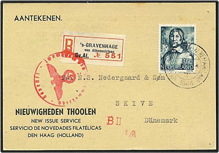 30 cent blågrøn på Rec. kort fra Gravenhage, Holland, til Skive d. 10.1.1944. Tysk censur.