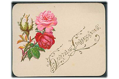 Kartonkort med Hjertelig Lykønskning. Roser i flotte farver. Prægekort. 10,8 x 8,5 cm. U/no. 