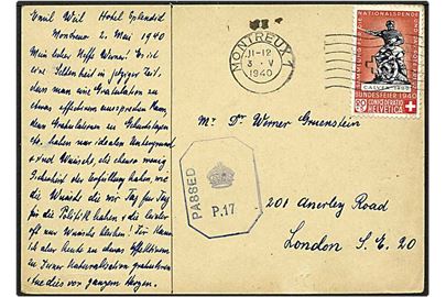 20+5 centimes rød på kort fra Montreux, Schweiz, d. 3.5.1940 til London, England. Engelsk censur.