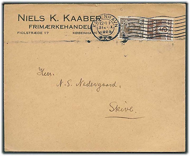 20 øre Chr. X og 5 øre Bølgelinie i automatsammentryk på brev med tydelige afskæringer fra København d. 31.10.1925 til Skive.