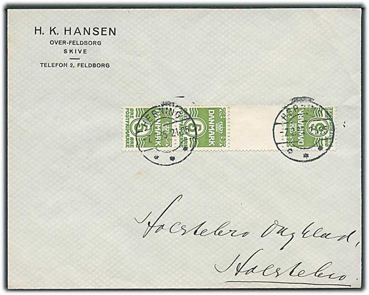 5 øre Bølgelinie (3) i tête-bêche 4-stribe på brev fra Herning d. 7.2.1935 til Holstebro.
