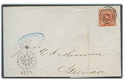 4 sk. 1858 udg. på brev annulleret med nr.stempel 1 og sidestemplet med kompasstempel Kiøbenhavn 1858 til Grenå.