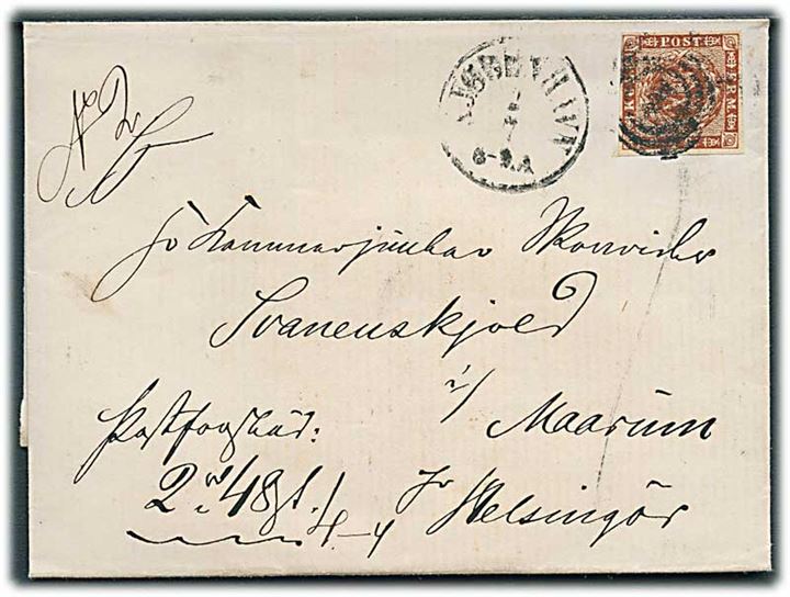 4 sk. 1858 udg. på brev med postforskud annulleret med nr.stempel 1 og sidestemplet antiqua Kjøbenhavn d. 2.7.1863 til Kammerjunker Svanenskjold i Maarum pr. Helsingør.
