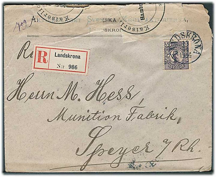 35 öre Gustaf single på anbefalet brev fra Landskrona d. 13.11.1914 til Speyer, Tyskland. Åbnet af tysk censur i Hamburg.