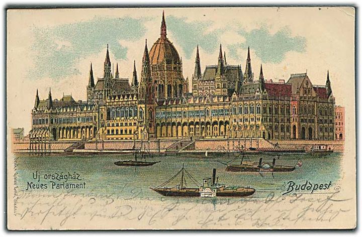 Neues Parlament, Budapest. U/no. Frankeret 5 f. og sendt underfrankeret til København, Danmark. 