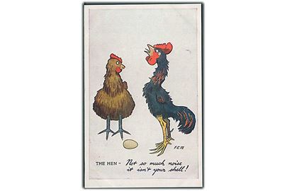F. E. Morgan: The Hen  Not so much noise it isn't your Shell! Raphael Tuck & Sons Oilette, War problems no. 8844. 