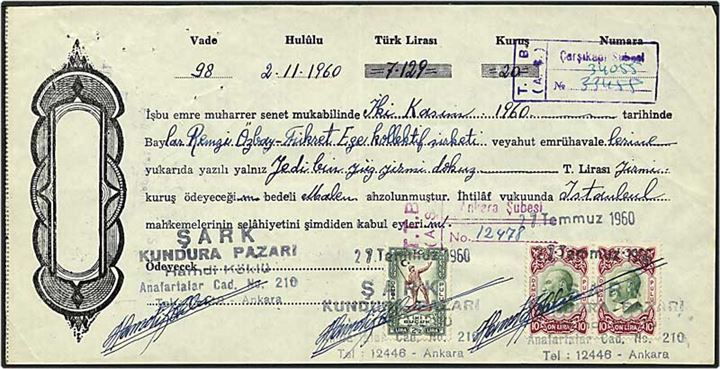 Tyrkisk veksel med stempelmærker dateret 2.11.1960