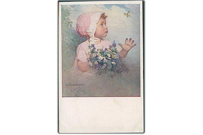 E. Barakovich: Lille pige med lyserød kjole og kyse kigger på sommerfugl. B. K. W. J. no. 244-4. 