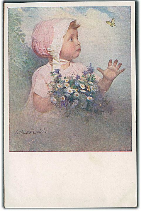 E. Barakovich: Lille pige med lyserød kjole og kyse kigger på sommerfugl. B. K. W. J. no. 244-4. 