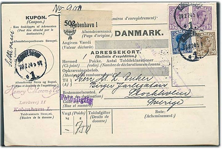15 øre (par), 20 øre og 40 øre Chr. X på 90 øre frankeret internationalt adressekort for pakke fra Kjøbenhavn d. 20.2.1924 til Stockholm, Sverige.