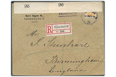 35 øre Chr. X single på anbefalet brev fra Kjøbenhavn d. 4.4.1917 via London til Birmingham, England. Åbnet af britisk censur no. 96.