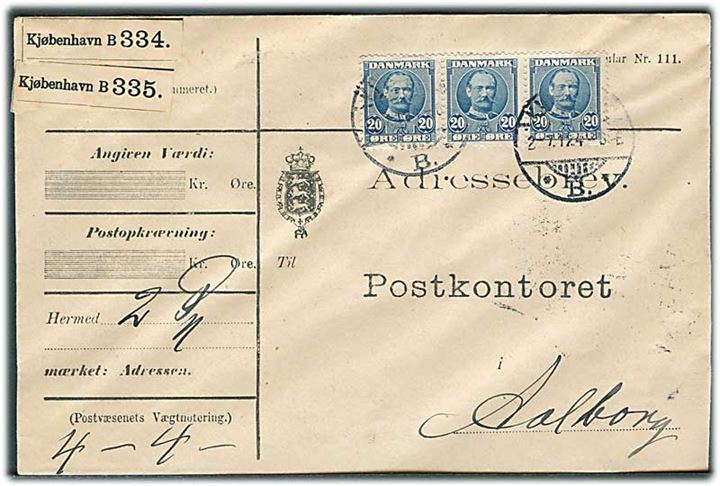 20 øre Fr. VIII i 3-stribe på adressebrev for to pakker fra Kjøbenhavn d. 2.7.1912 til Aalborg.