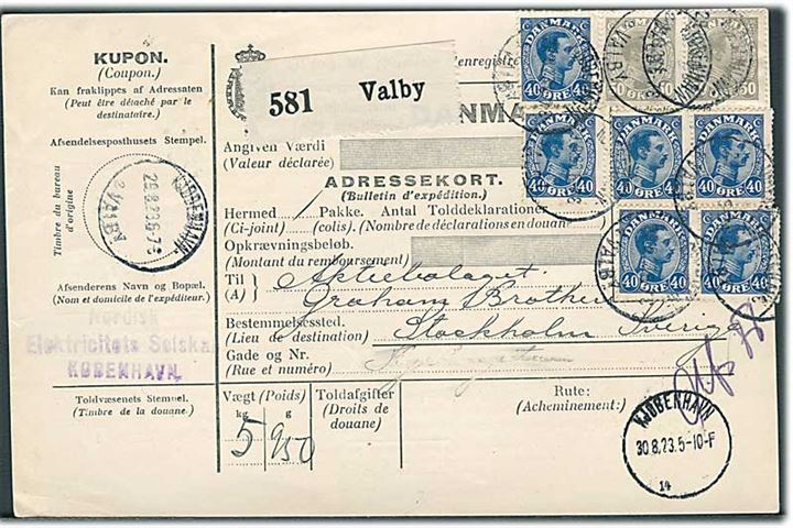 40 øre (6) og 50 øre (2) Chr. X på internationalt adressekort for pakke fra Kjøbenhavn Valby d. 29.8.1923 til Stockholm, Sverige.