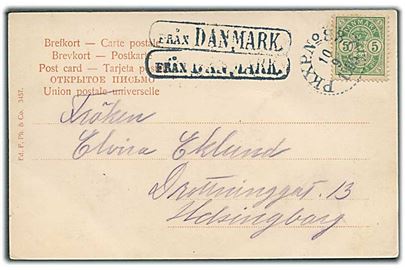 5 øre Våben på brevkort fra København annulleret med svensk bureaustempel PKXP No. 83 C d. 10.9.1905 og sidestemplet Från Danmark til Helsingborg, Sverige.