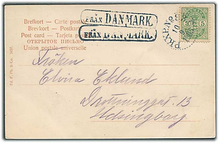5 øre Våben på brevkort fra København annulleret med svensk bureaustempel PKXP No. 83 C d. 10.9.1905 og sidestemplet Från Danmark til Helsingborg, Sverige.