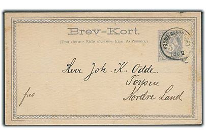 5 øre helsagsbrevkort fra Drammen annulleret med bureaustempel Krania - RandfjordI d. 21.3.1882 til Torpen, Nordre Land.