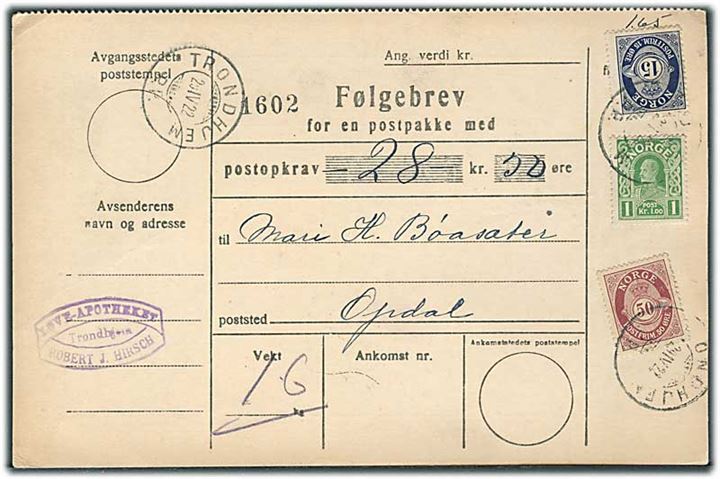 15 øre, 50 øre Posthorn og 1 kr. Haakon på adressekort for pakke med opkrævning fra Trondhjem d. 29.4.1922 til Opdal.