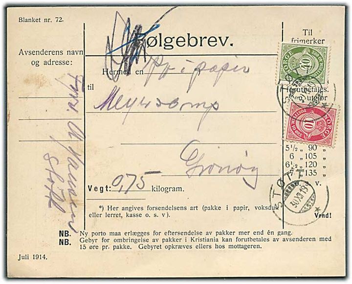 10 øre og 40 øre Posthorn på adressekort for pakke fra Støtt d. 30.12.1919 til Grønøy.