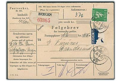 45 øre Luftpost og 1 kr. Løve på adressekort for pakke med opkrævning fra Bergen d. 28.9.1945 til Brandasund.