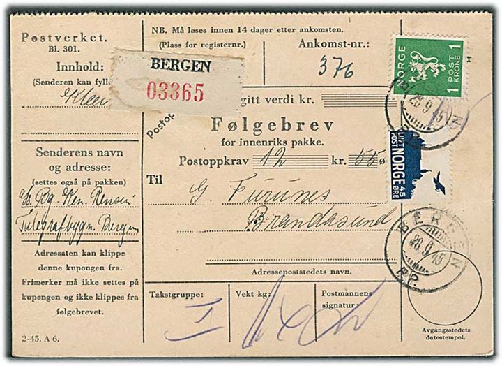 45 øre Luftpost og 1 kr. Løve på adressekort for pakke med opkrævning fra Bergen d. 28.9.1945 til Brandasund.