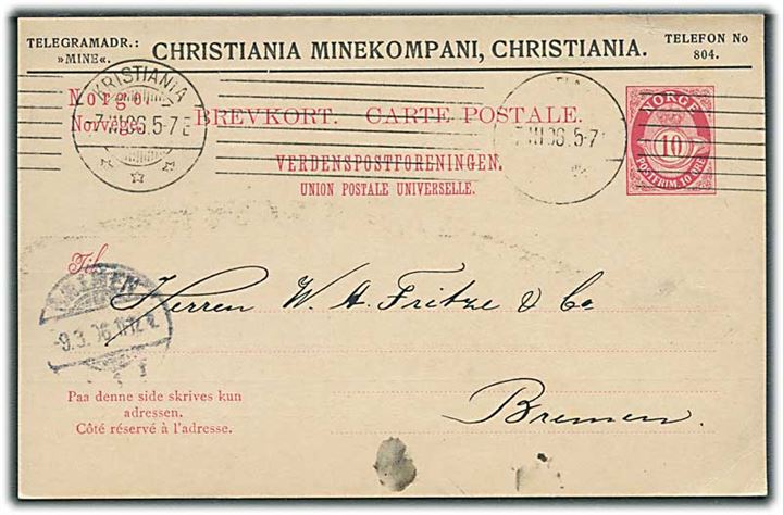 10 øre spørgedel af dobbelt helsagsbrevkort med privat tiltryk fra Christiania Minekompani i Kristiania d. 7.3.1906 til Bremen, Tyskland.