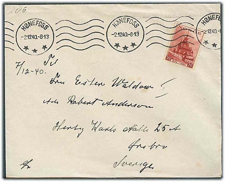 20 øre Turist udg. på brev fra Hønefoss d. 2.12.1940 til Örebro, Sverige. Åbnet af tysk censur i Oslo.