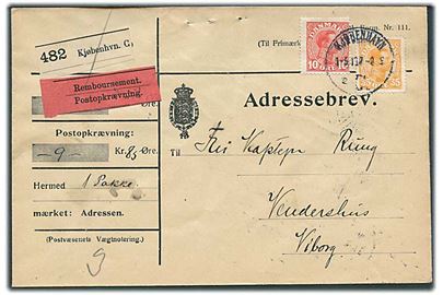 10 øre og 35 øre Chr. X på adressebrev for pakke med opkrævning fra Kjøbenhavn d. 1.5.1919 til Viborg.